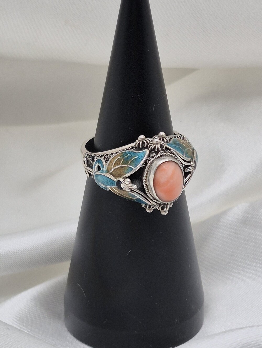 Vintage BJ 925 Coral Ring w Blue Green Enamel Butterfly Sterling 70s
